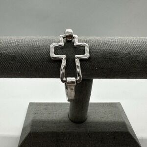 Silver Tone Cross Cuff Bracelet Hammered Open Cross Hinge Spring Religious Jesus